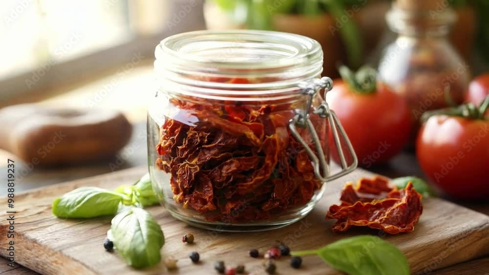 A jar of sun-dried tomatoes sits on a wooden cutting board A jar of sun-dried tomatoes sits on a wooden cutting board