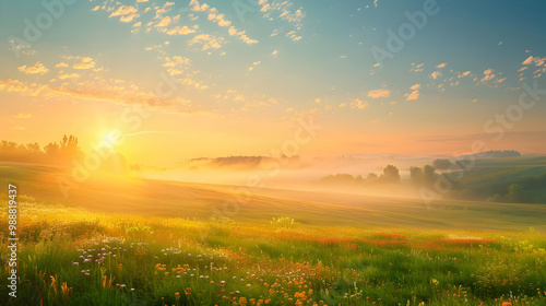 Golden Hour Sunrise Over Foggy Field - Nature Photography