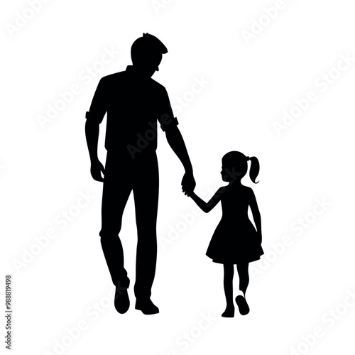 a father and daughter walking hand in hand. The father is on the left side of the image, with his back to the viewer, and the daughter on the right side