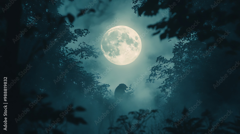 A large moon is shining through the trees in the dark A large moon is shining through the trees in the dark