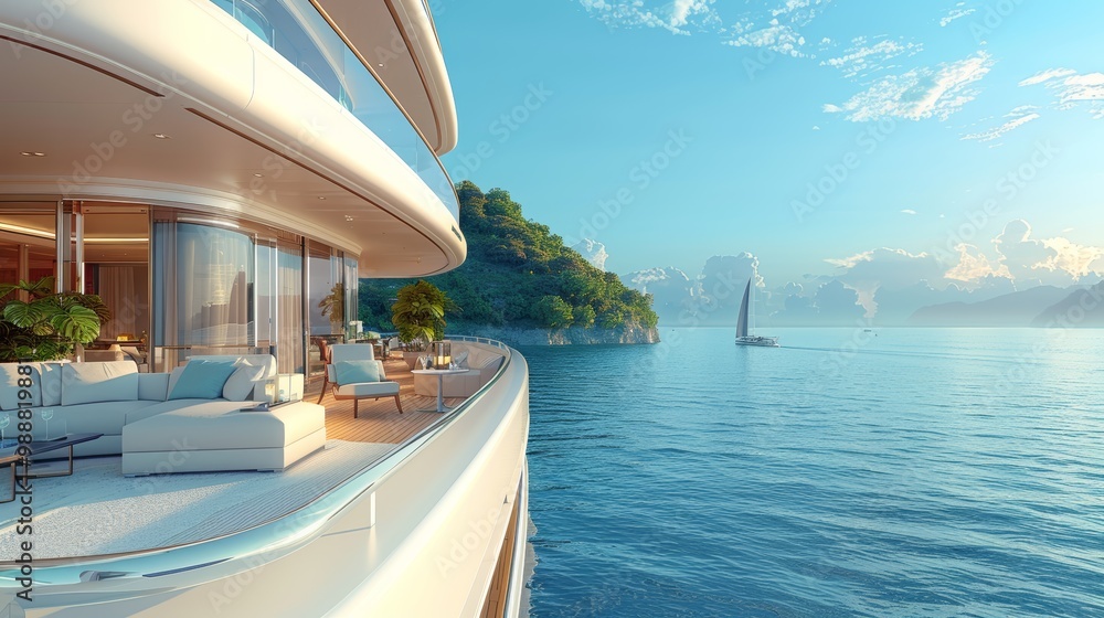 Fototapeta premium Luxurious Yacht Deck with Scenic Ocean View and Sailboat in the Distance at Sunset