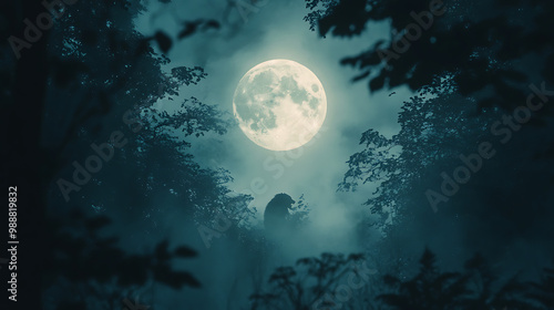 A large moon is shining through the trees in the dark