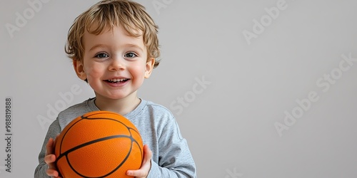 Happy toddler holding basketball, grey shirt, light background photo