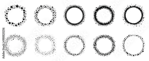 Stardust silhouette circle frames set. Round starry glitter with place for text in the middle. Shiny party new year birthday celebration decorative element. Black and white simple flat style. Isolated