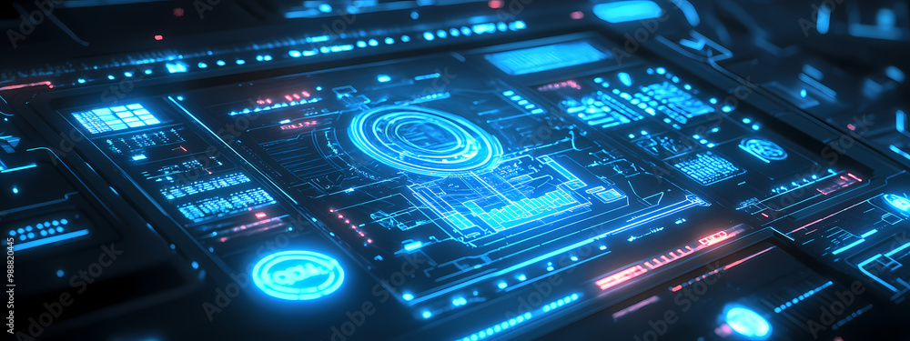 Fototapeta premium Advanced AI Control Panel with Neon Blueprints