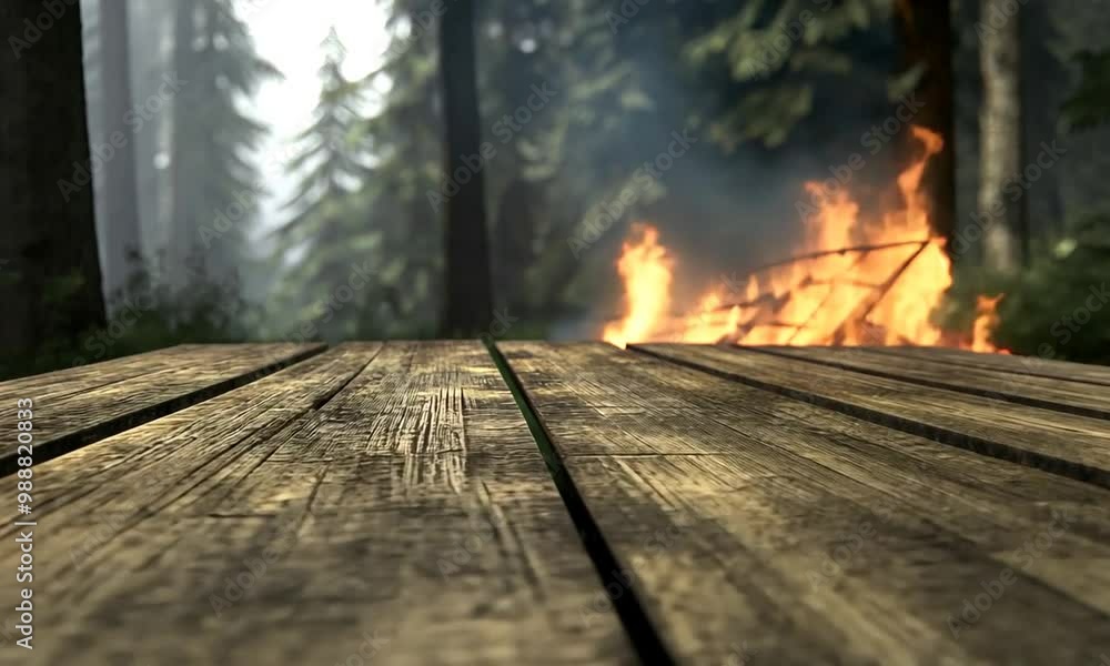 A tranquil forest scene features a rustic wooden surface with a gentle fire burning nearby, surrounded by tall trees and a misty morning atmosphere A tranquil forest scene features a rustic wooden surface with a gentle fire burning nearby, surrounded by tall trees and a misty morning atmosphere