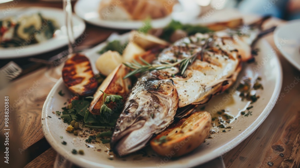 A perfectly grilled fish served on a rustic platter with herbs, roasted potatoes, and cherry tomatoes, embodying a wholesome and delicious meal. A perfectly grilled fish served on a rustic platter with herbs, roasted potatoes, and cherry tomatoes, embodying a wholesome and delicious meal.