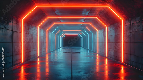 Neon Lights in Concrete Tunnel 3D Illustration