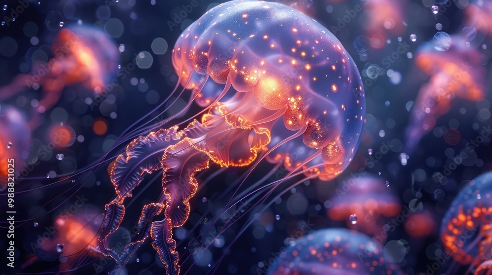 Three dimensional render of glowing jellyfish. Three dimensional render of glowing jellyfish.