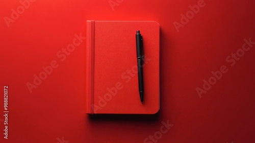 A flat lay of a red notebook and pen on a bold red background, offering a clean, creative look.
