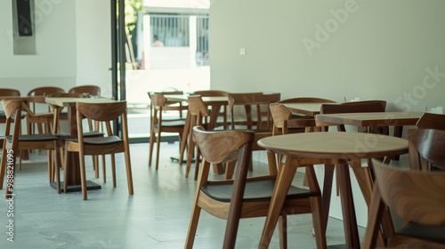 Quiet café with wooden tables and chairs, bathed in soft sunlight, offering a tranquil and cozy environment for customers to relax or work.