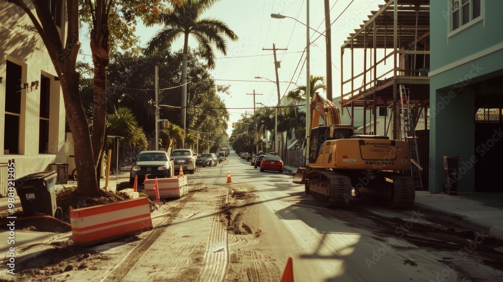Construction work on a residential street lined with palm trees, featuring machinery and orange cones marking the work zone. Construction work on a residential street lined with palm trees, featuring machinery and orange cones marking the work zone.