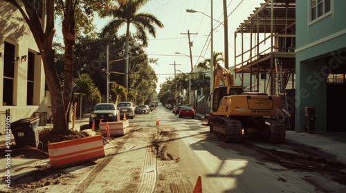 Construction work on a residential street lined with palm trees, featuring machinery and orange cones marking the work zone.