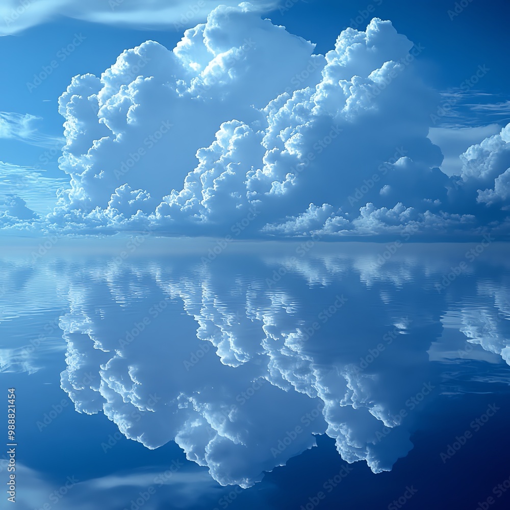 Naklejka premium Large fluffy clouds reflecting off a dark, glassy surface, abstract and serene, Clouds, Reflection