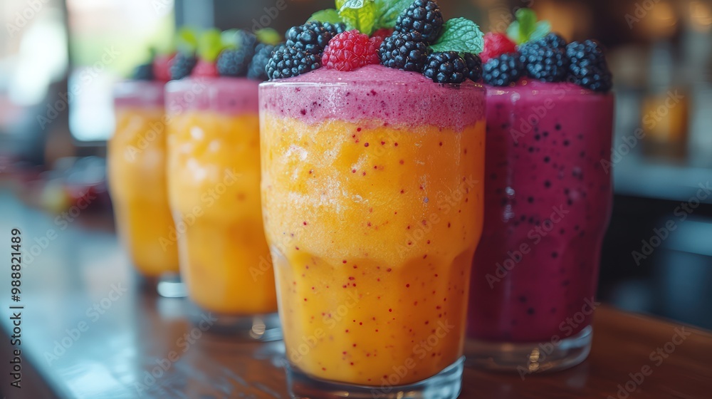Colorful smoothies with fresh fruits and berries on the table in a modern cafe Colorful smoothies with fresh fruits and berries on the table in a modern cafe