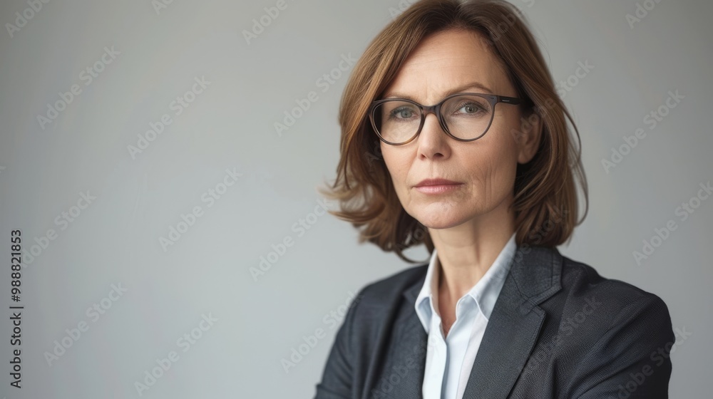 A professionally dressed woman in a dark blazer and glasses, looking serious and composed against a minimalist background. A professionally dressed woman in a dark blazer and glasses, looking serious and composed against a minimalist background.