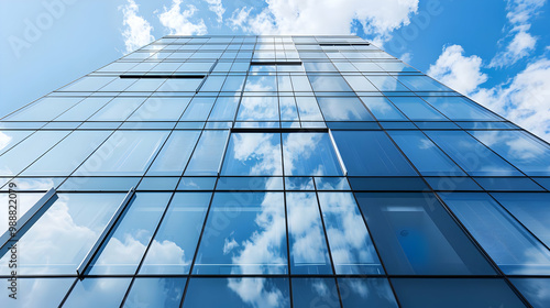 Modern Skyscraper with Glass Facade and Blue Sky Reflections