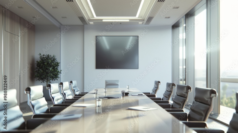 Modern boardroom with sleek furniture and large windows, creating a professional and airy environment. Modern boardroom with sleek furniture and large windows, creating a professional and airy environment.