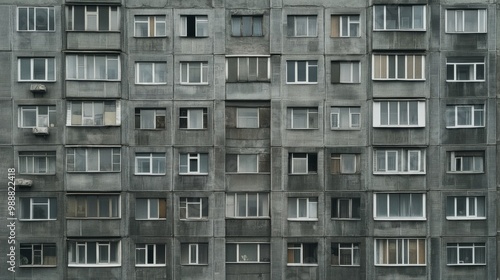 Facade of a Grey Multi-storey Panel building in Russia, Soviet architecture houses