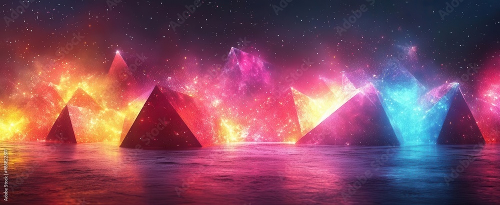 abstract vector composition of interlocking geometric shapes in vibrant neon colors floating in a dark void with glowing edges abstract vector composition of interlocking geometric shapes in vibrant neon colors floating in a dark void with glowing edges