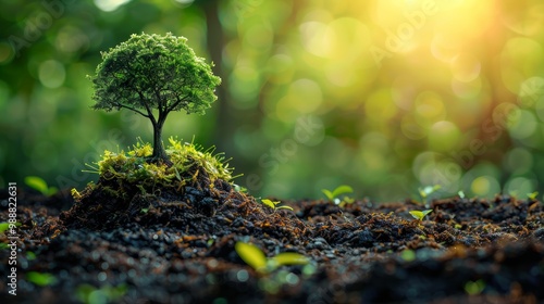 Harmony of Technology and Nature: A Small Tree Growing Amidst Lush Greenery with Sunlight Filtering Through