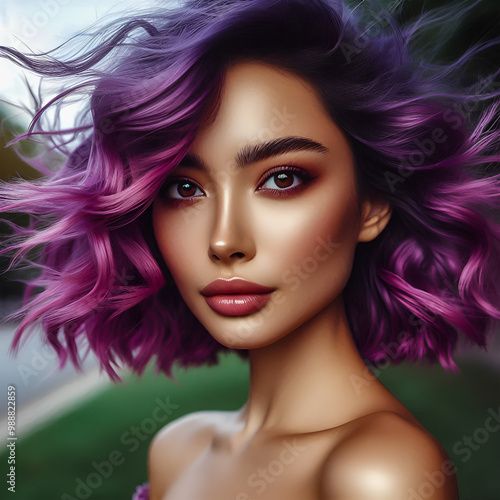 Portrait of a beautiful young woman, wind in curly neon purple bob hair, brown eyes