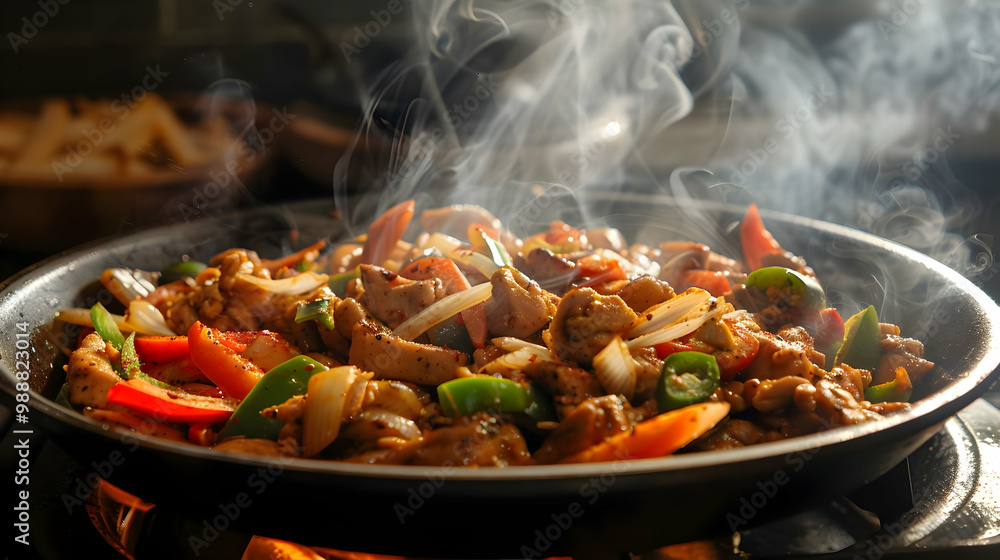 Close-up of Steaming Chicken and Vegetables in a Frying Pan Close-up of Steaming Chicken and Vegetables in a Frying Pan