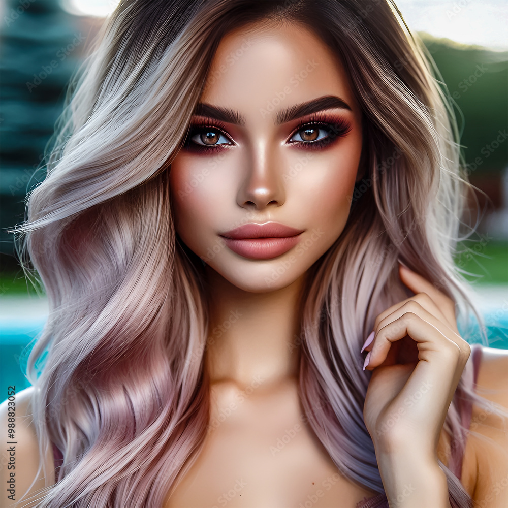 Portrait of a beautiful woman, long wave light pink ombre hair, brown eyes Portrait of a beautiful woman, long wave light pink ombre hair, brown eyes