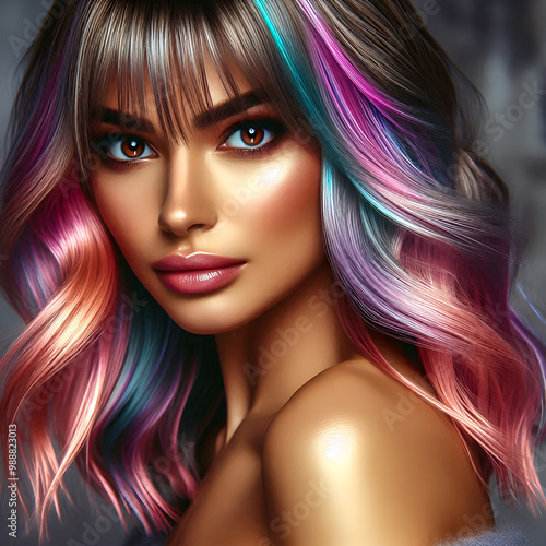 Portrait of a beautiful woman, long pastel ombre hair with bangs, brown eyes