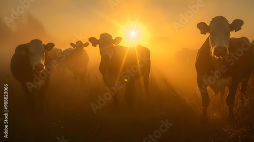 Cows Silhouetted in Golden Sunrise Fog