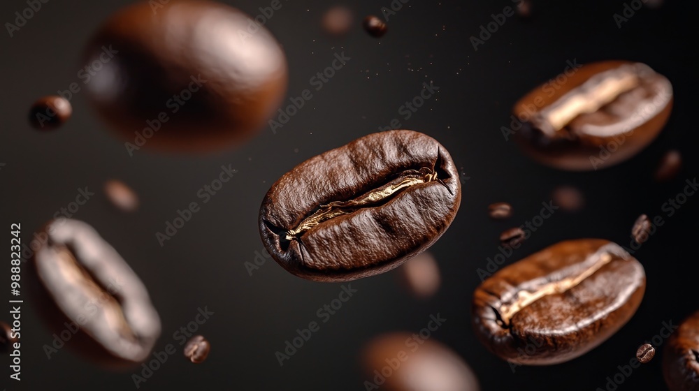 Dramatic image of coffee beans floating mid-air with a dark background, emphasizing their glossy texture and natural lines. Dramatic image of coffee beans floating mid-air with a dark background, emphasizing their glossy texture and natural lines.