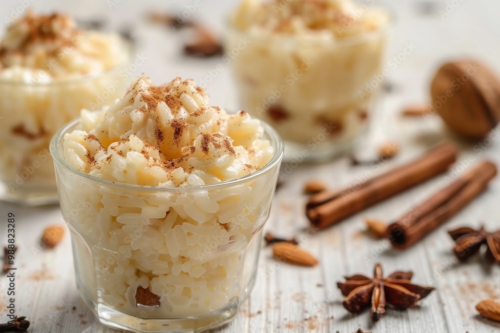 Creamy rice pudding topped with cinnamon and almond, white wooden background, MZ Creamy rice pudding topped with cinnamon and almond, white wooden background, MZ