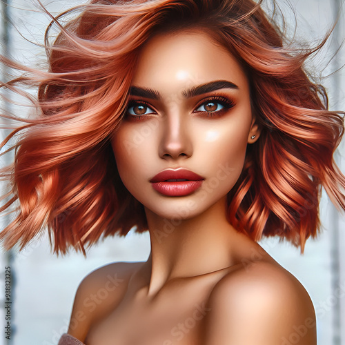 Portrait of a beautiful woman, a wave bob apricot hair, brown eyes