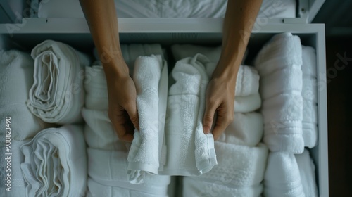 Hands delicately sort and fold clean white towels in a drawer, highlighting a sense of meticulous organization and care in household chores.