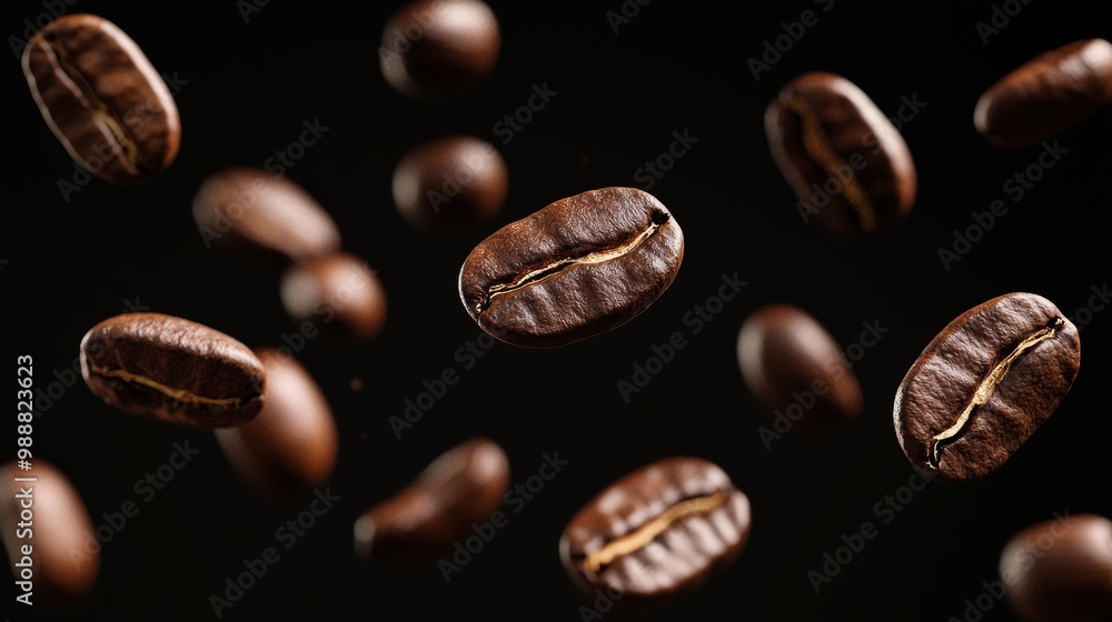 Dramatic image of coffee beans floating mid-air with a dark background, emphasizing their glossy texture and natural lines. Dramatic image of coffee beans floating mid-air with a dark background, emphasizing their glossy texture and natural lines.