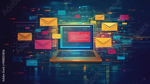 Laptop with digital email icons, futuristic background Email Marketing concept. photo