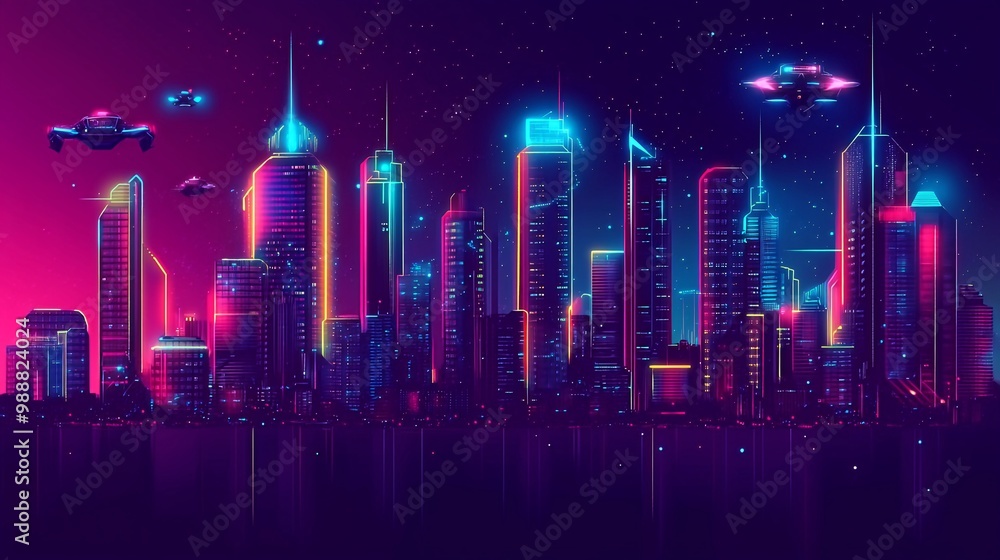 Futuristic city skyline at night with flying cars and neon lights. Futuristic city skyline at night with flying cars and neon lights.