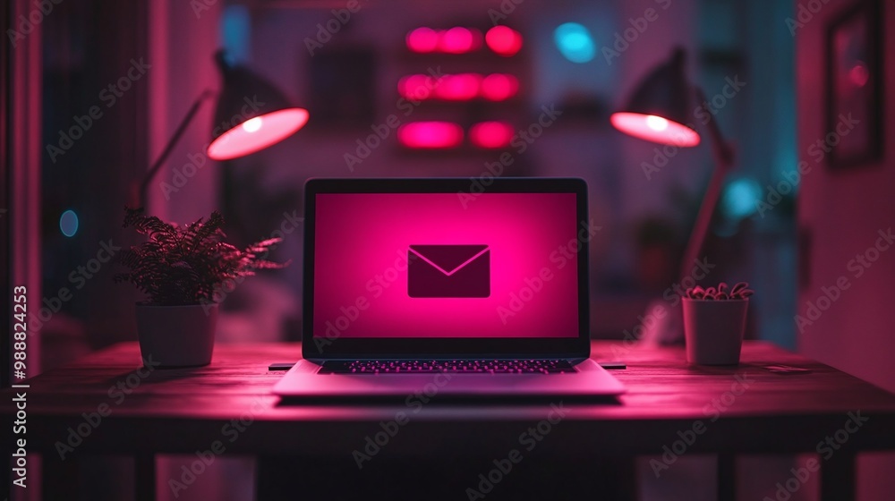 Laptop with email symbol in vibrant office setting Email Marketing concept. Laptop with email symbol in vibrant office setting Email Marketing concept.