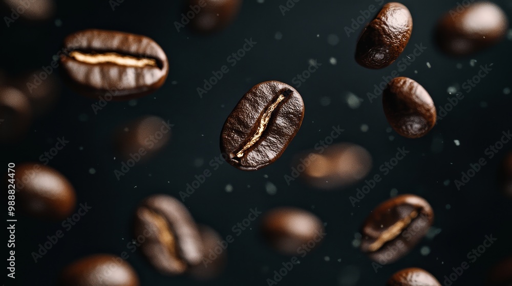 Dynamic display of coffee beans floating mid-air against a dark background, with focused lighting enhancing their glossy texture. Dynamic display of coffee beans floating mid-air against a dark background, with focused lighting enhancing their glossy texture.