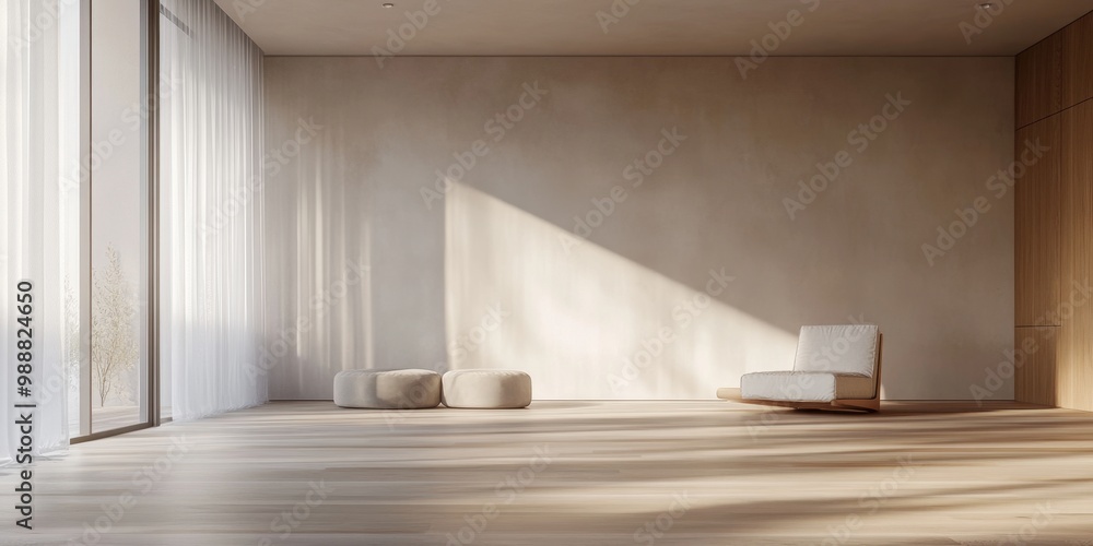 Fototapeta premium A white chair is in the middle of a room with a tan wall. There are two white pillows on the chair