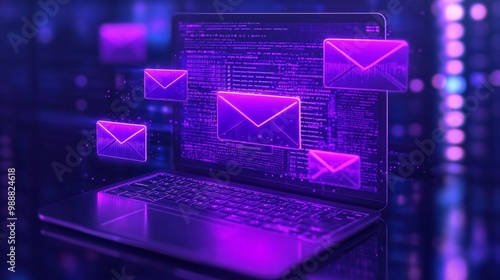 Laptop with floating purple email icons against digital background. Email Marketing concept. photo