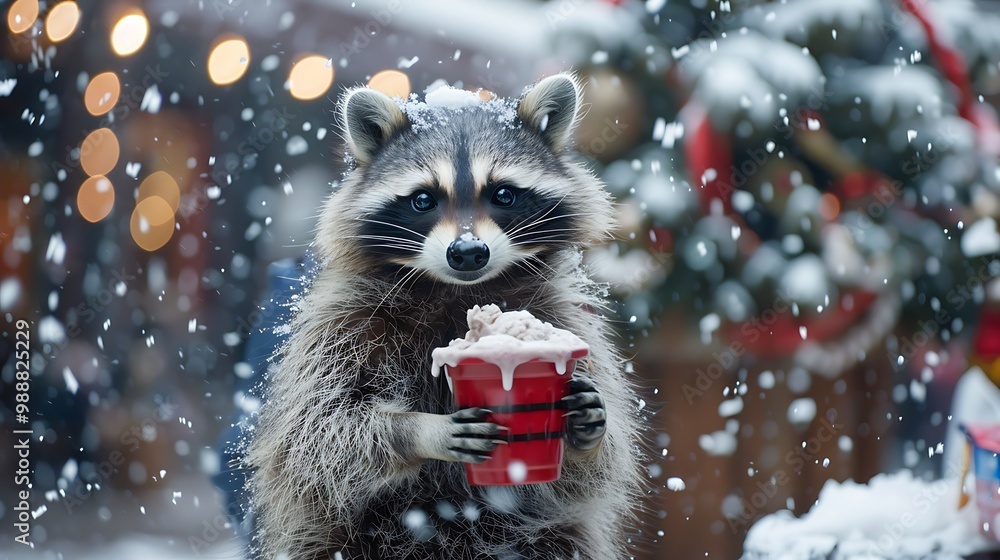 A raccoon in a snowy park is serving icy ice cream A raccoon in a snowy park is serving icy ice cream