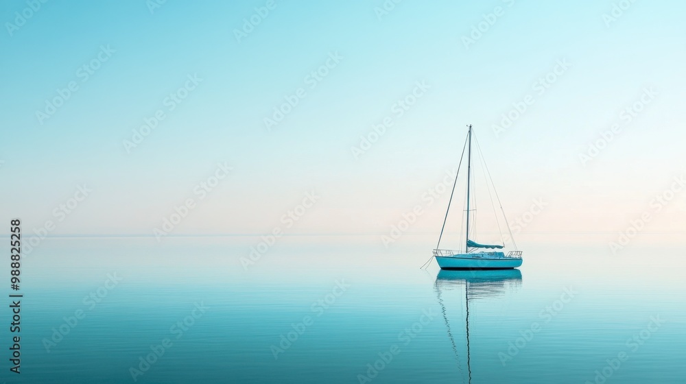 Fototapeta premium A light blue sailboat peacefully floating on calm waters under a clear sky, evoking a sense of freedom and tranquility.