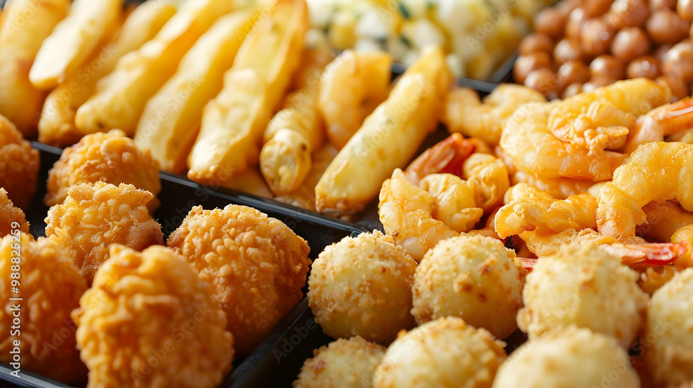 Crispy Fried Shrimp, Chicken Nuggets, and Fries - Delicious Appetizer Crispy Fried Shrimp, Chicken Nuggets, and Fries - Delicious Appetizer