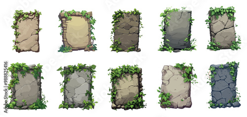 Stone board with vines leaves set. Lianas on stone. Game menu interface tablet rocky texture. Jungle game interface empty elements with place for text. Cartoon style isolated vector clipart collection
