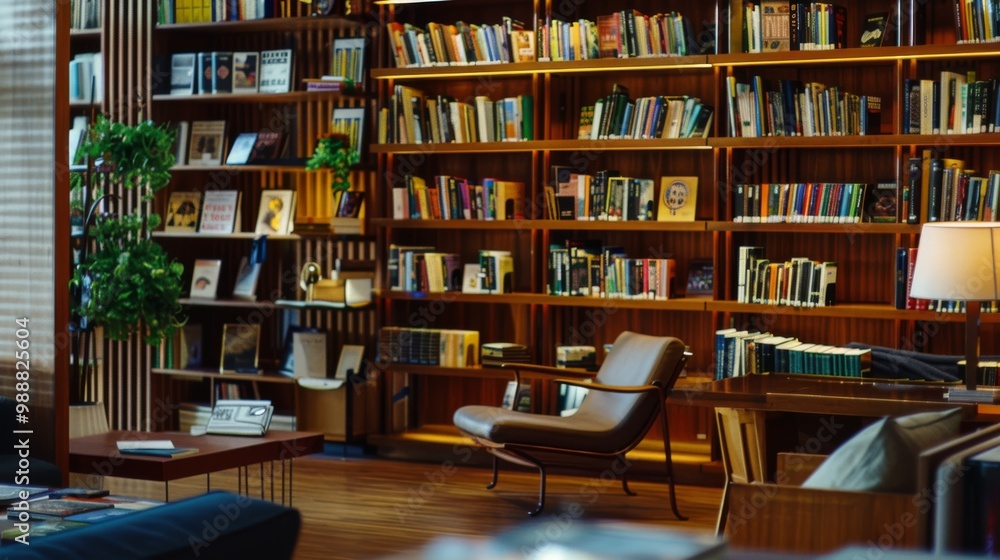 A cozy library corner is beautifully arranged with various bookshelves, a comfortable reading chair, and warm lighting, inviting one to indulge in a literary escape. A cozy library corner is beautifully arranged with various bookshelves, a comfortable reading chair, and warm lighting, inviting one to indulge in a literary escape.