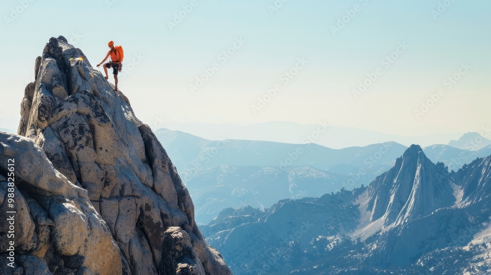 Obraz premium A climber stands triumphantly atop a jagged mountain peak, with layers of rugged landscapes unfolding into the horizon.