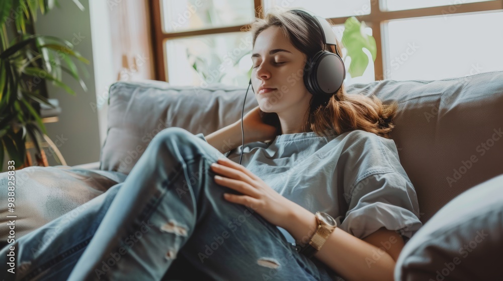 A young woman relaxes on a cozy couch with headphones on, eyes closed and absorbed in the soothing music, nestled in a serene home setting. A young woman relaxes on a cozy couch with headphones on, eyes closed and absorbed in the soothing music, nestled in a serene home setting.