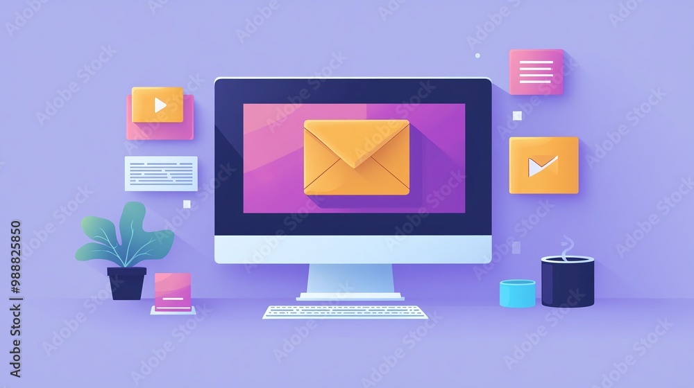 Modern computer with email icons on a colorful background. Email Marketing concept. Modern computer with email icons on a colorful background. Email Marketing concept.