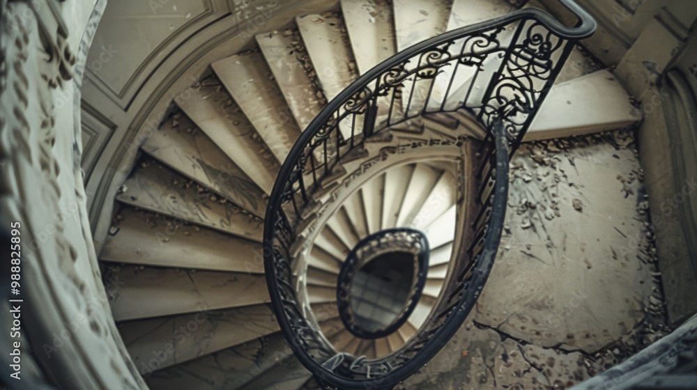 Fototapeta premium A spiraling staircase with ornate iron railings descends into an abandoned, dilapidated building filled with an eerie sense of history and decay.
